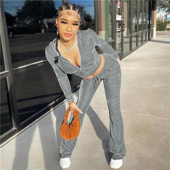 Womens 2 Piece Velour Tracksuit Two Piece Outfits for Women Long Sleeve Zip Up - Picture 6 of 7